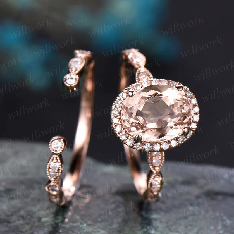 Vintage morganite engagement ring set unique diamond ring set rose gold ring set for women open gap wedding band marquise ring set jewelry