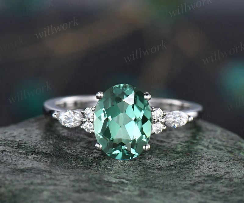 Teal sapphire engagement ring oval green sapphire engagement ring unique marquise white gold engagement ring diamond wedding ring women