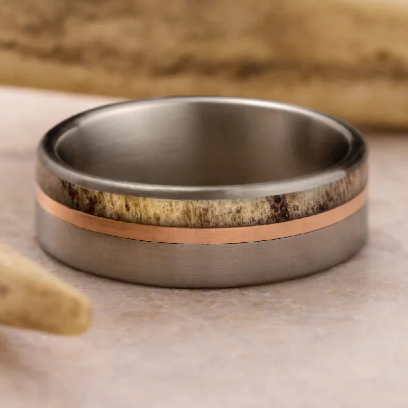 Brushed Titanium & Deer Antler Ring With Gold Pinstripe