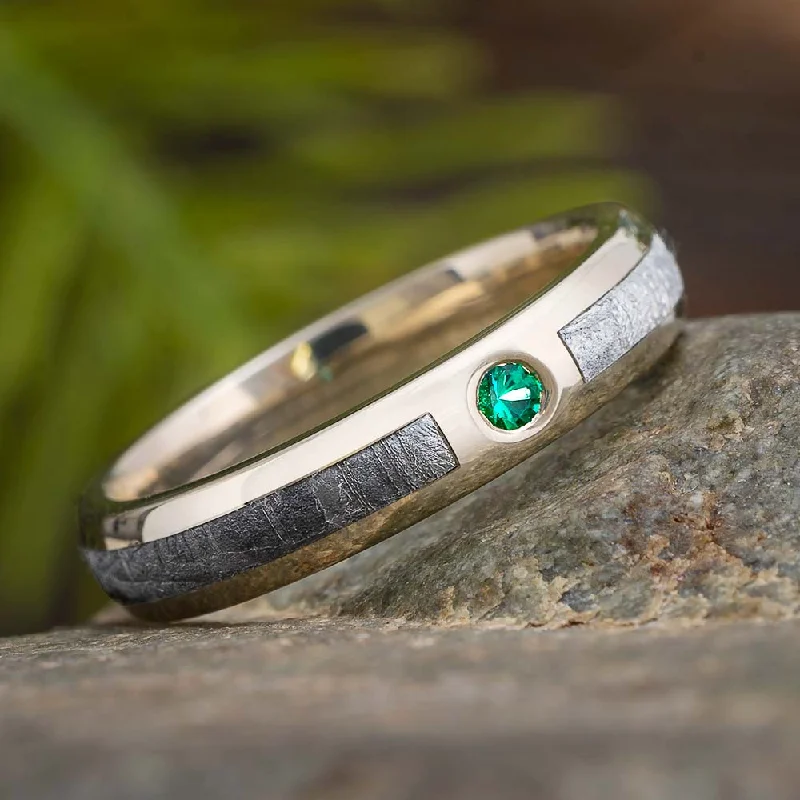 Emerald and Meteorite Wedding Band