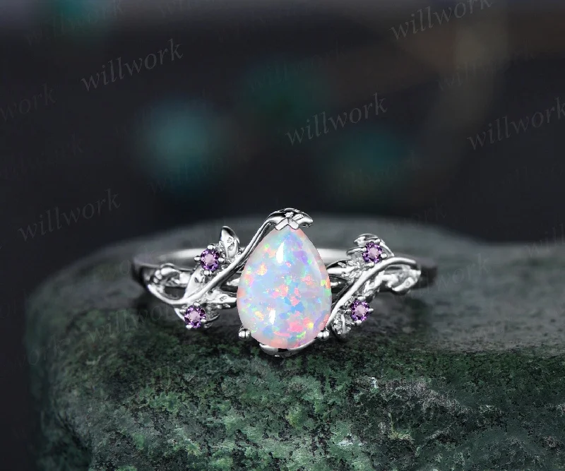 Pear shaped white opal engagement ring solid 14k white gold leaf branch five stone amethyst ring women unique wedding anniversary ring gift