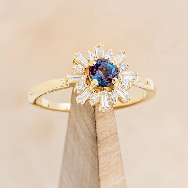 "SEREN" - ROUND CUT LAB-GROWN ALEXANDRITE ENGAGEMENT RING WITH DIAMOND HALO