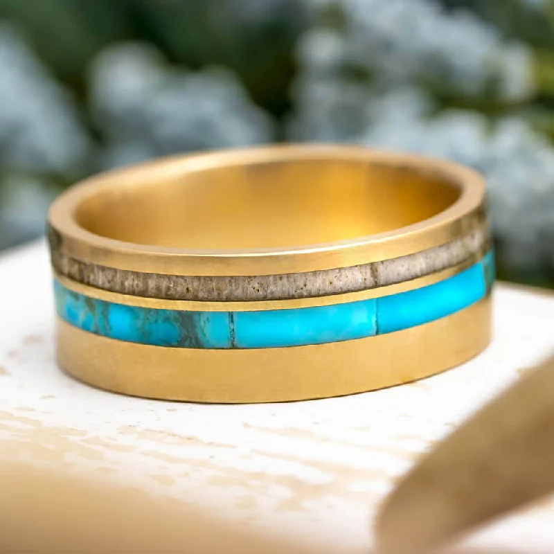 Solid Gold Wedding Band with Antler and Turquoise