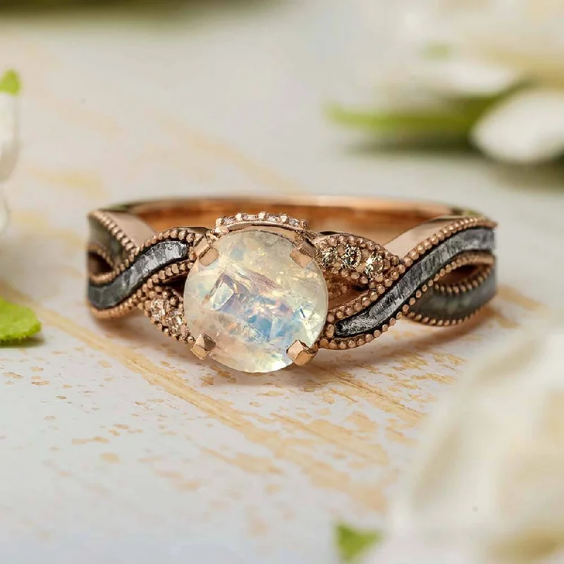 Moonstone Engagement Ring Twist Shank, Meteorite & Dino Bone