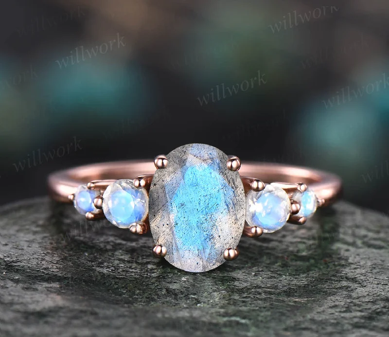 Minimalist oval Labradorite engagement ring five stone moonstone ring 14k rose gold bridal ring unique blue gemstone ring for women