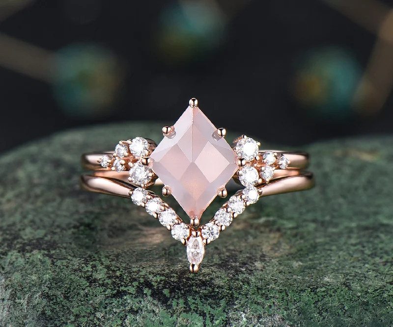 Unique rose quartz engagement ring art deco snowdrift cluster ring minimalist crystal ring set curved v shape wedding band bridal ring set gifts for women