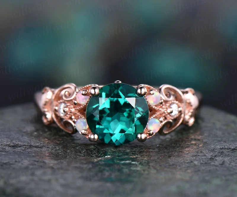 Unique vintage opal engagement ring emerald engagement ring  rose gold butterfly diamond ring wedding anniversary gift May birthstone ring