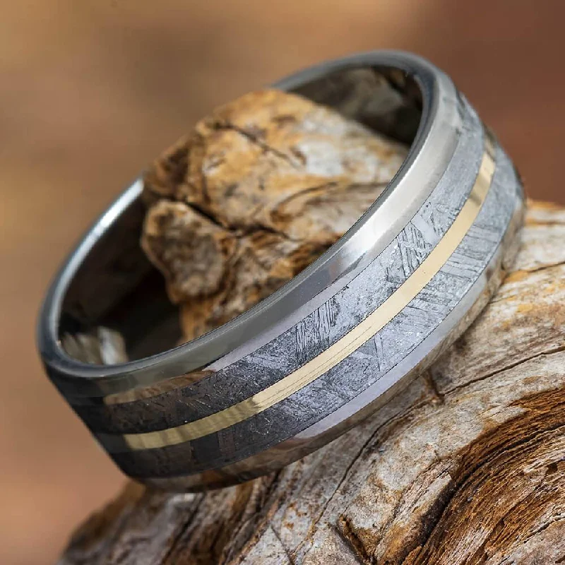 Authentic Meteorite Wedding Band with Polished Gold Pinstripe