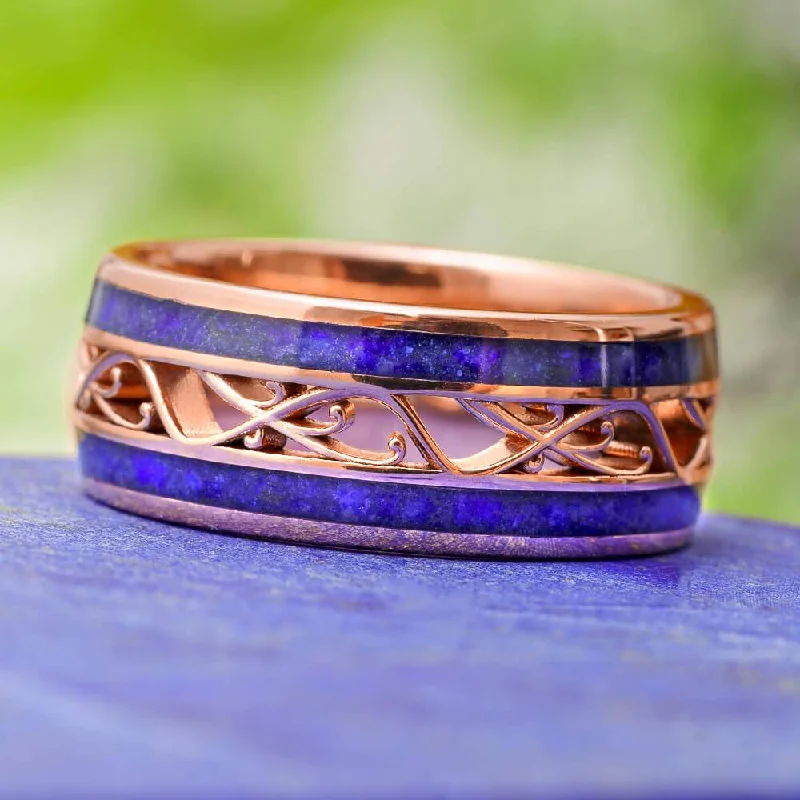 Lapis Lazuli Wedding Band with Intricate Gold Design