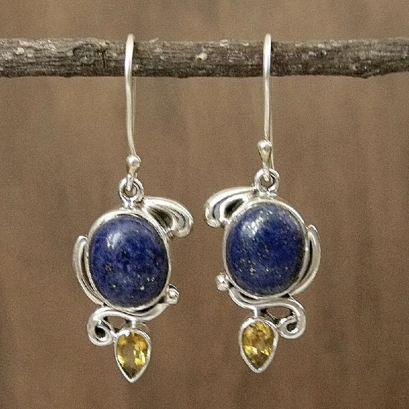 NOVICA Handmade Sterling Silver 'Royal Charm' Lapis Citrine Earrings (India) - 1.6*0.6