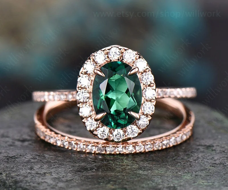 2pc oval cut emerald engagement ring set 14k rose gold moissanite halo ring vintage matching stacking for women her bridal wedding ring set