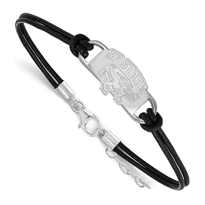 Sterling Silver Rhodium Plated SF State Adj Leather Bracelet, 7 Inch