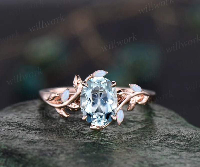 Oval aquamarine ring vintage leaf marquise opal ring women five stone unique nature inspired engagement ring twig wedding ring fine jewelry