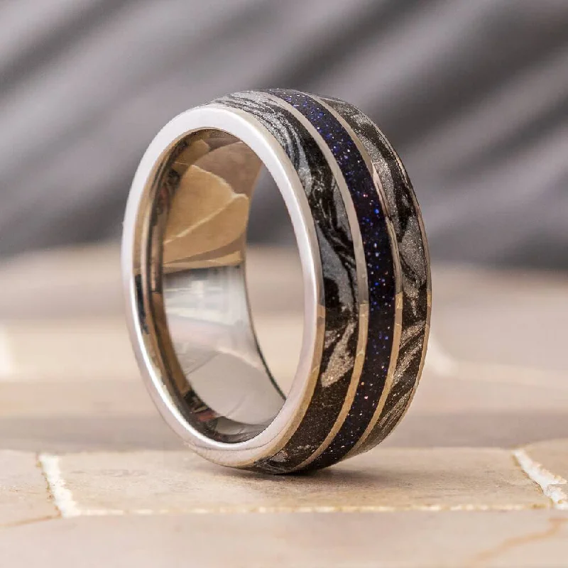 Blue Goldstone Men's Wedding Band with Black and White Mokume