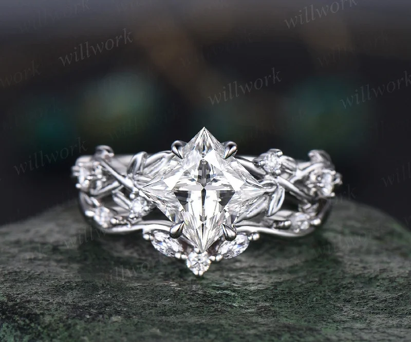 Princess cut moissanite engagement ring set 14k white gold five stone leaf branch Nature inspired ring diamond bridal ring set women gift