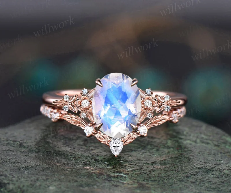 Vintage oval cut moonstone engagement ring solid 14k rose gold leaf floral nature inspired diamond ring women jewelry bridal set