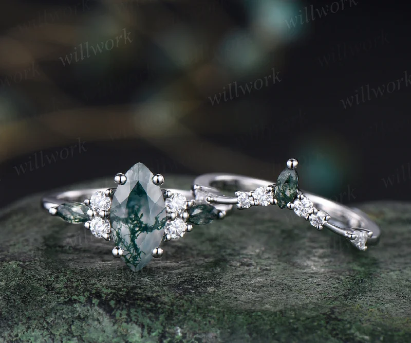 Unique marqiuse cut moss agate engagement ring set moss agate ring vintage 14k white gold 4 prong wedding ring set anniversary gifts for women