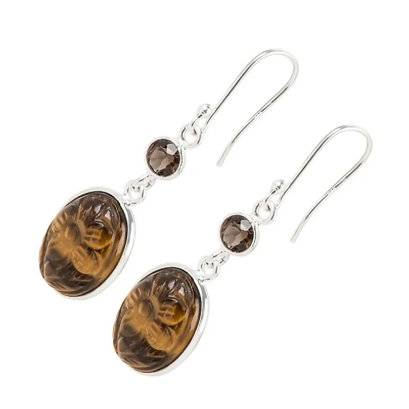 925 Sterling Silver Smoky Quartz And Tiger Eye Drop & Dangle Earrings