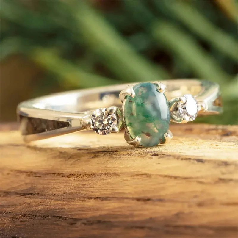 Moss Agate Engagement Ring with Dinosaur Bone