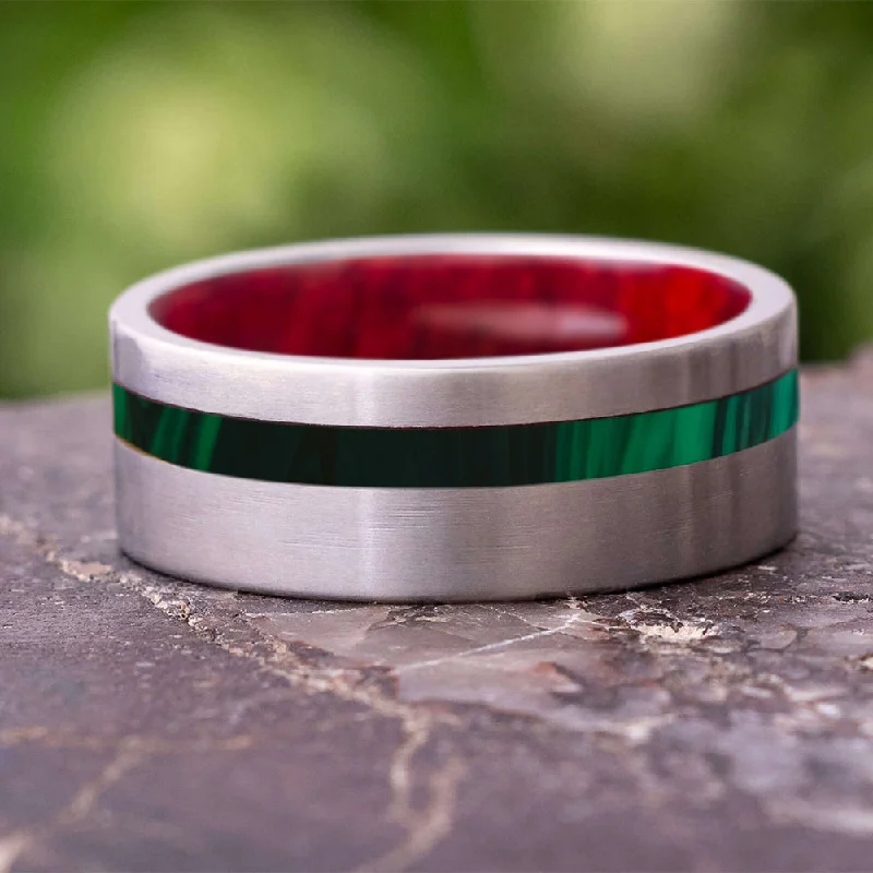 Green Men's Wedding Band with Malachite and Crimson Wood