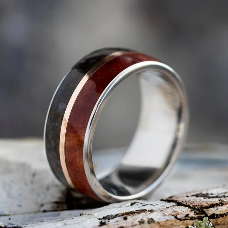 Wood and Dinosaur Bone Wedding Band With Rose Gold