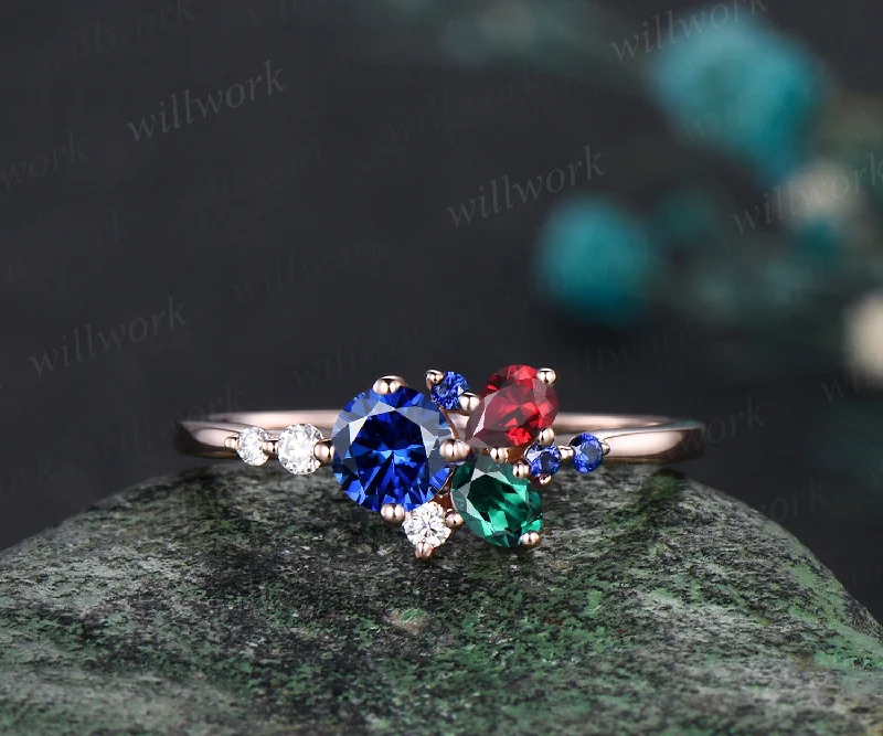 14K Gold Mixed Stone round cut Cluster Ring Christmas Ring Emerald Ring Ruby Anniversary Ring Blue Sapphire Engagement Ring for anniversary