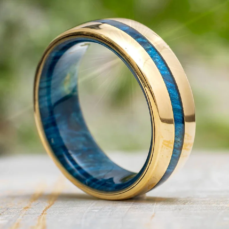 Blue Men's Wedding Band With Wood Pinstripe & Sleeve