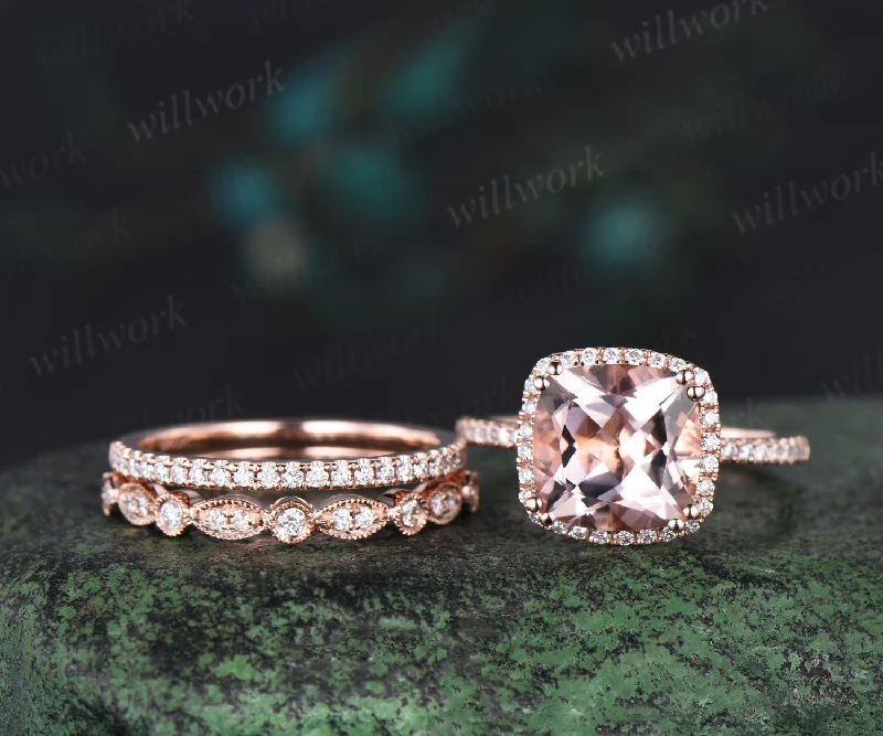 Cushion Cut Morganite Engagement Ring Set halo half eternity diamond wedding ring set rose gold art deco Milgrain bridal set jewelry