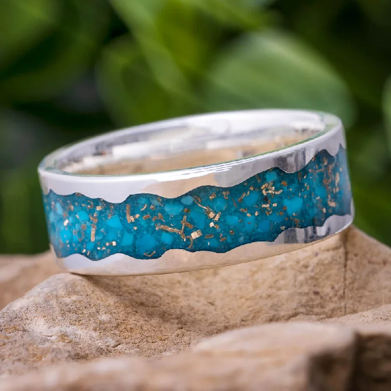 Crushed Turquoise Wedding Band, Wavy Sterling Silver Ring With Gold Shavings