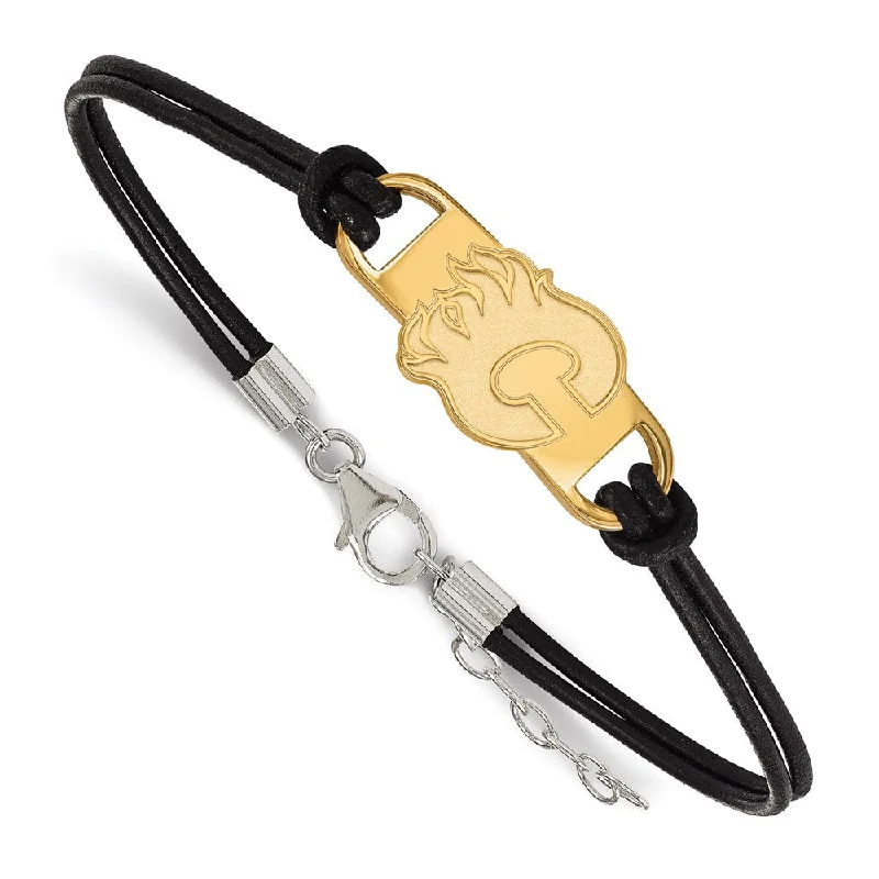 SS 14k Yellow Gold Plated & Leather NHL Calgary Flames Adj. Bracelet