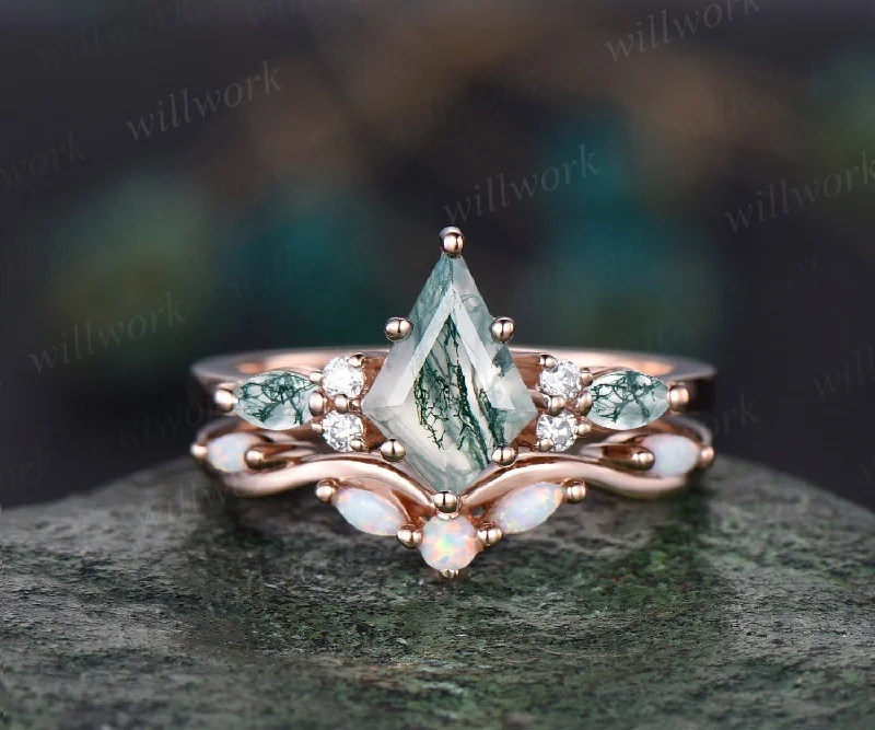 Kite cut green moss agate engagement ring 14k rose gold marquise cut ring diamond opal ring women unique anniversary ring set jewelry gift