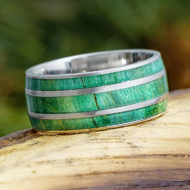 Wide Men's Wedding Band With Green Wood & Pinstripes