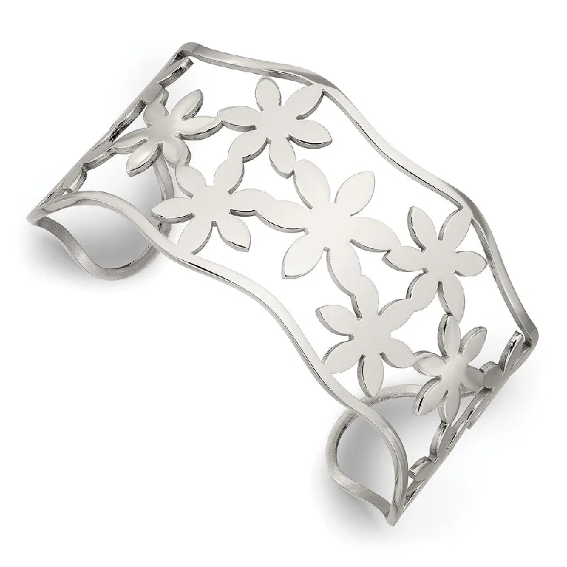 Stainless Steel 35mm Open Flowers Cuff Bangle Bracelet