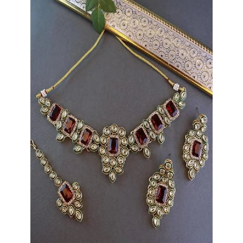 Etnico Gold Plated Traditional Kundan & Stone Studded Choker Necklace Jewellery with Earrings & Maang Tikka Set for Women (IJ359M)