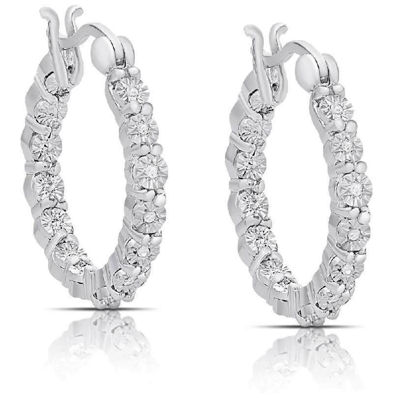 Finesque Sterling Silver 1/10ct TDW Diamond Miracle Plate Hoop Earrings (I-J, I2-I3)