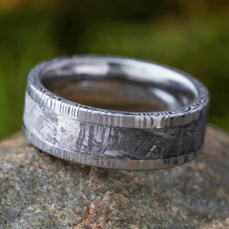 Damascus Ring with Gibeon Meteorite in Stainless Steel