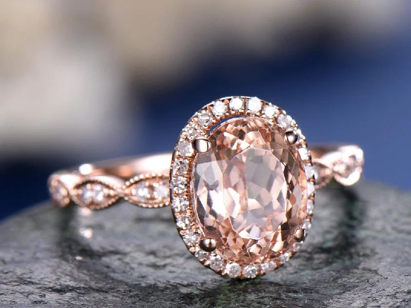 Vintage pink morganite engagement ring art deco moissanite ring marquise ring set halo ring rose gold bridal ring oval cut wedding ring gift