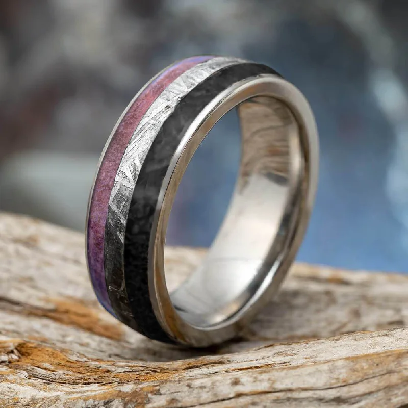 Meteorite Wedding Band with Purple Box Elder Burl Wood and Dinosaur Bone