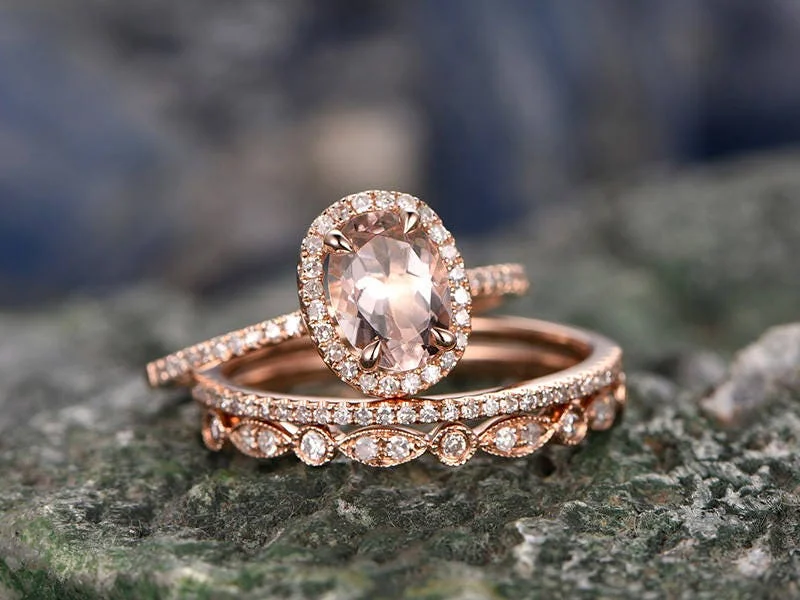 3pcs 6x8mm oval pink morganite engagement ring set solid 14k rose gold ring matching wedding set halo diamond anniversary bridal ring set