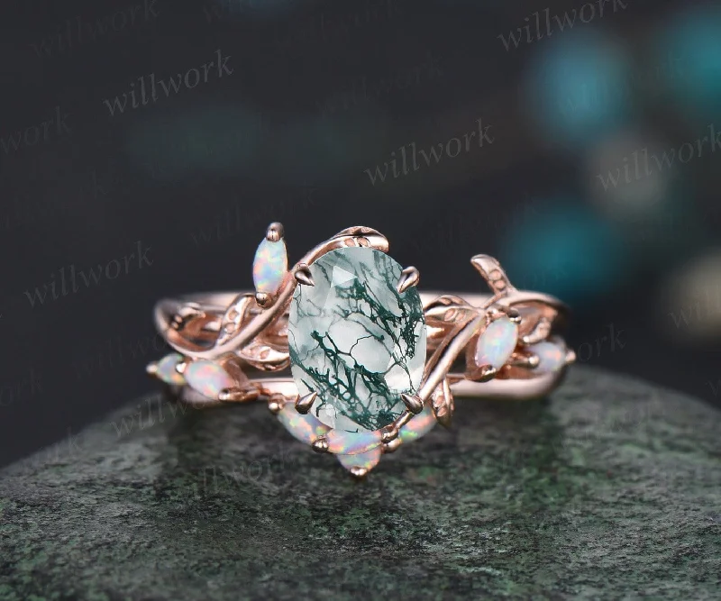 Oval cut moss agate ring vintage five stone opal ring rose gold leaf nature inspired engagement ring art deco twisted wedding ring set women