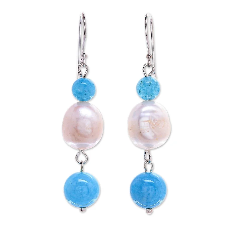 NOVICA Electric Ocean, Cultured pearl and quartz dangle earrings - 2.1*0.5