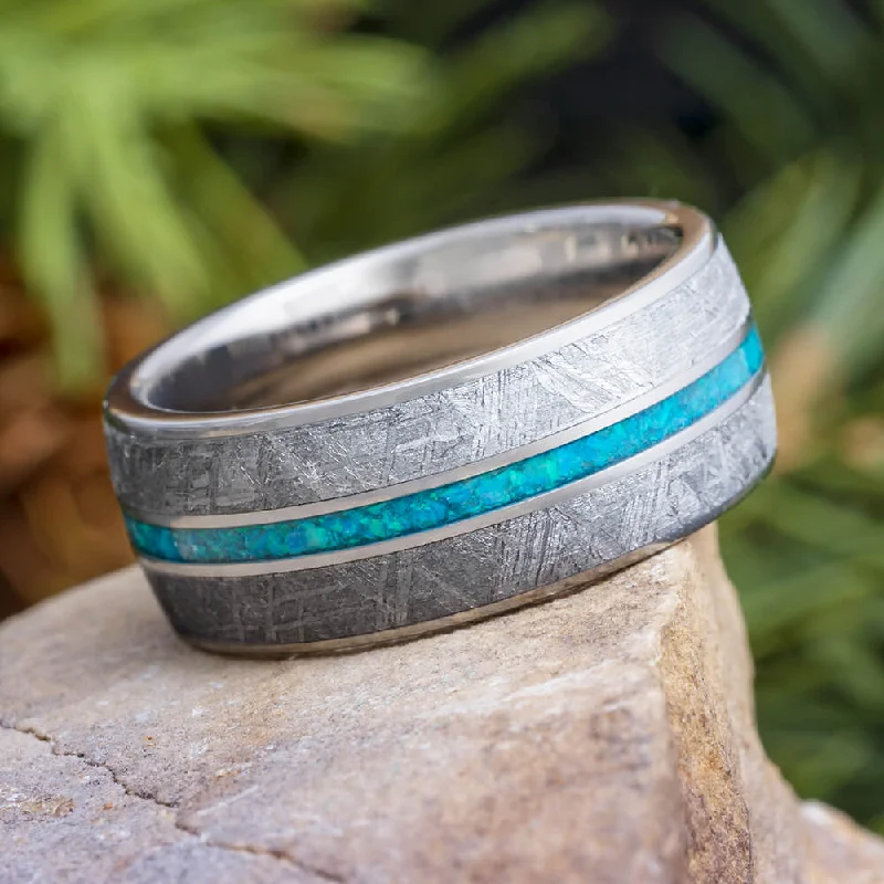 Meteorite & Blue Opal Men's Wedding Band