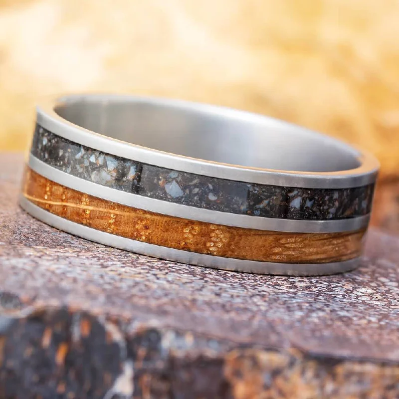 Whiskey Barrel Oak Wood & Dinosaur Bone Men's Wedding Band