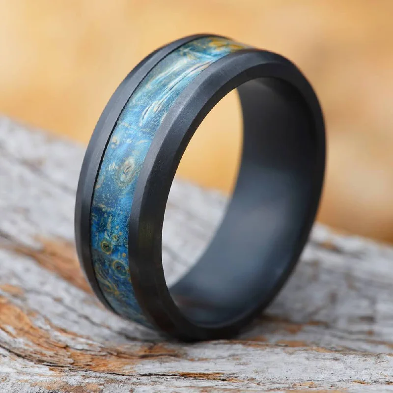 Beveled Black Zirconium Wedding Band with Blue Wood