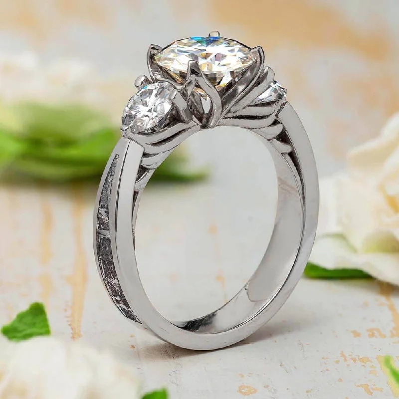 Large, Three Stone Engagement Ring With Meteorite