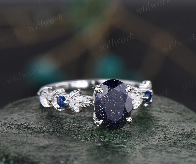 Oval cut blue goldstone ring vintage blue sandstone engagement ring white gold three stone Nature inspired leaf natural sapphire ring women