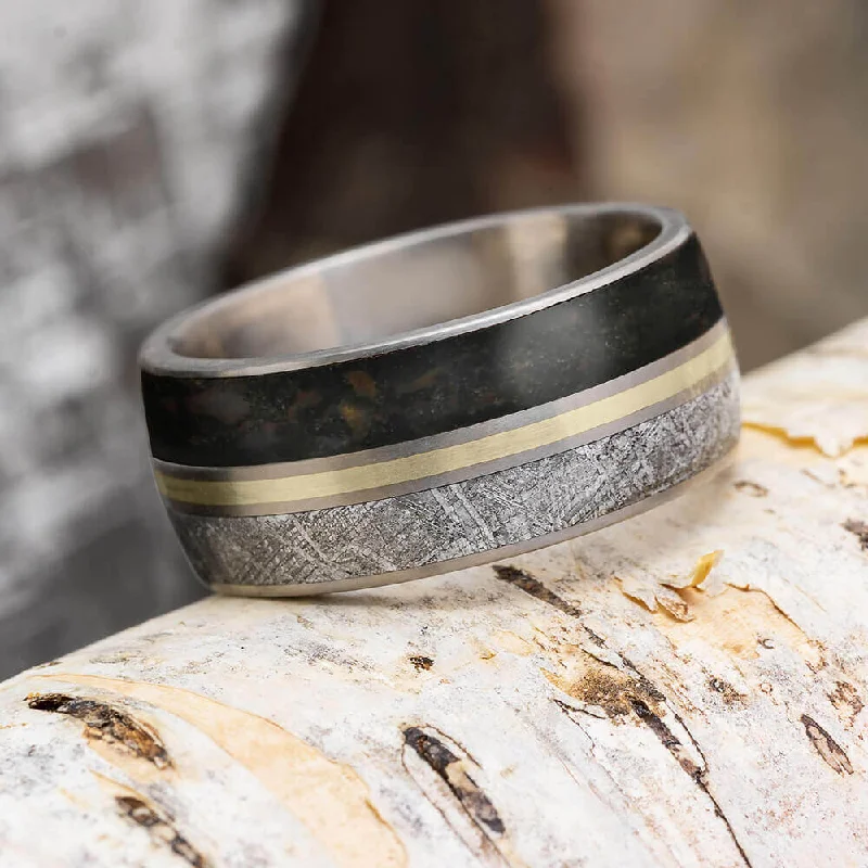 9mm Dinosaur Bone & Meteorite Ring with Gold Pinstripe