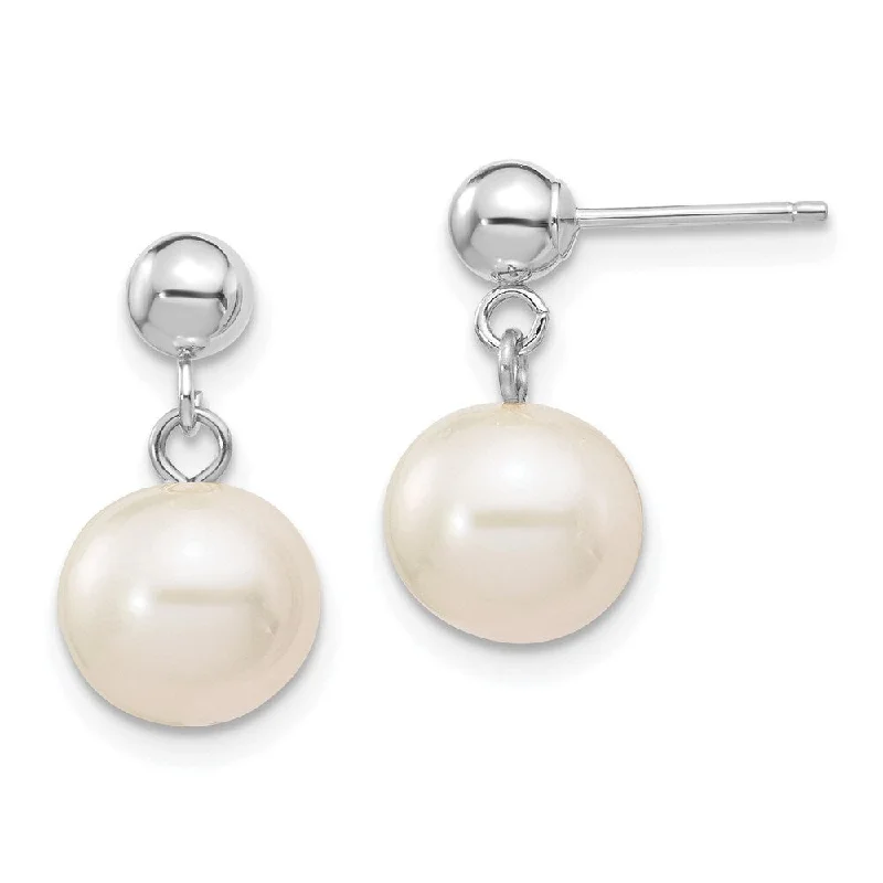 14k White Gold 8-8.5mm White Round Freshwater Cultured Pearl Dangle Post Earrings