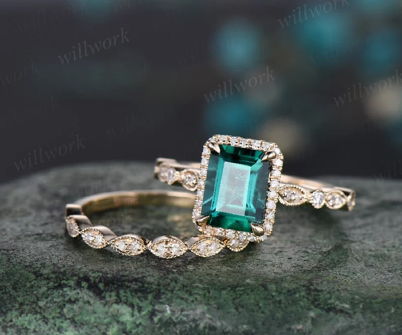 Emerald cut green emerald engagement ring solid 14k yellow gold half eternity marquise milgrain diamond promise wedding ring women jewelry