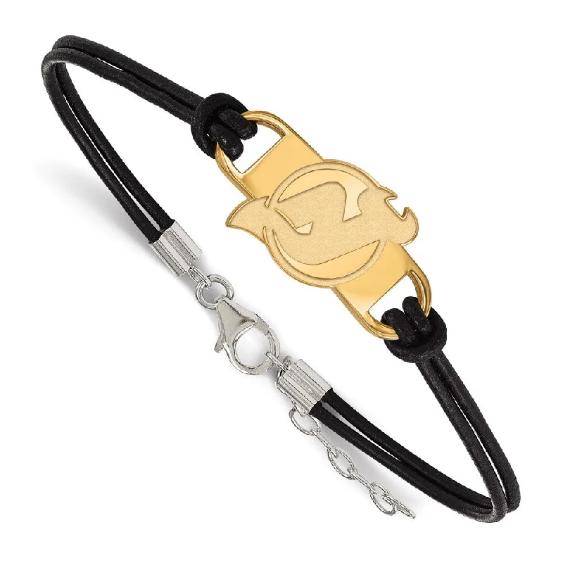 SS 14k Yellow Gold Plated & Leather NHL New Jersey Devils Adj Bracelet